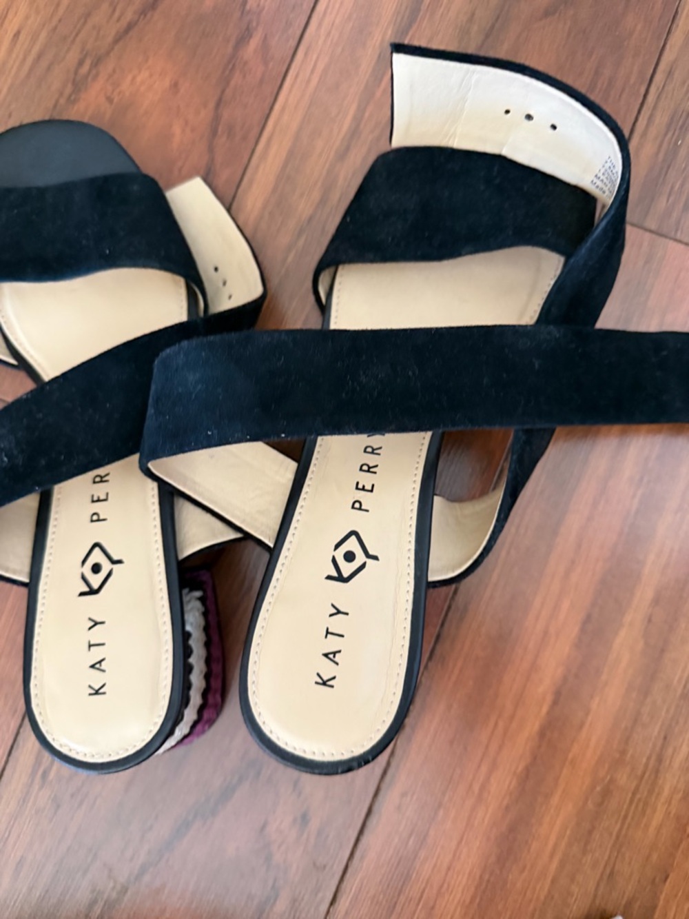 Katy Perry Collections Black Strap Wedge Sandals with Pink Chevron Heel 7.5 - Picture 5 of 5